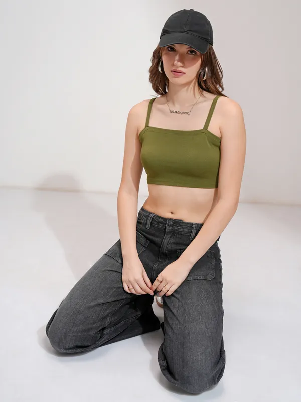Tokyo Talkies Women Olive Solid Fitted Top