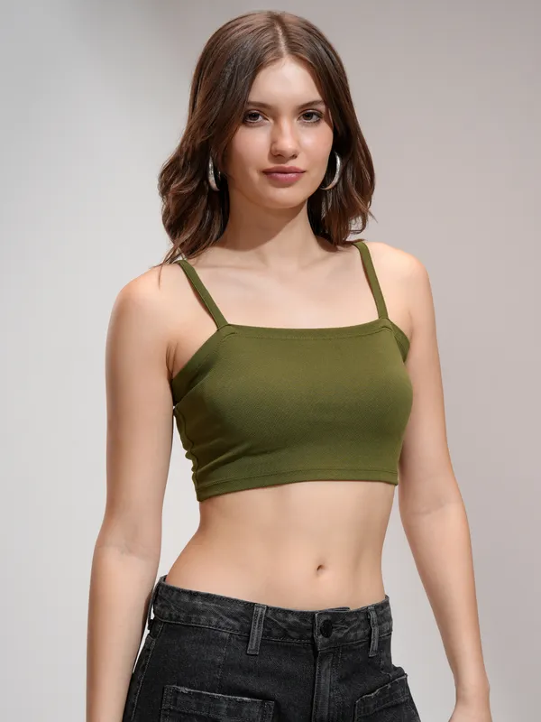 Tokyo Talkies Women Olive Solid Fitted Top