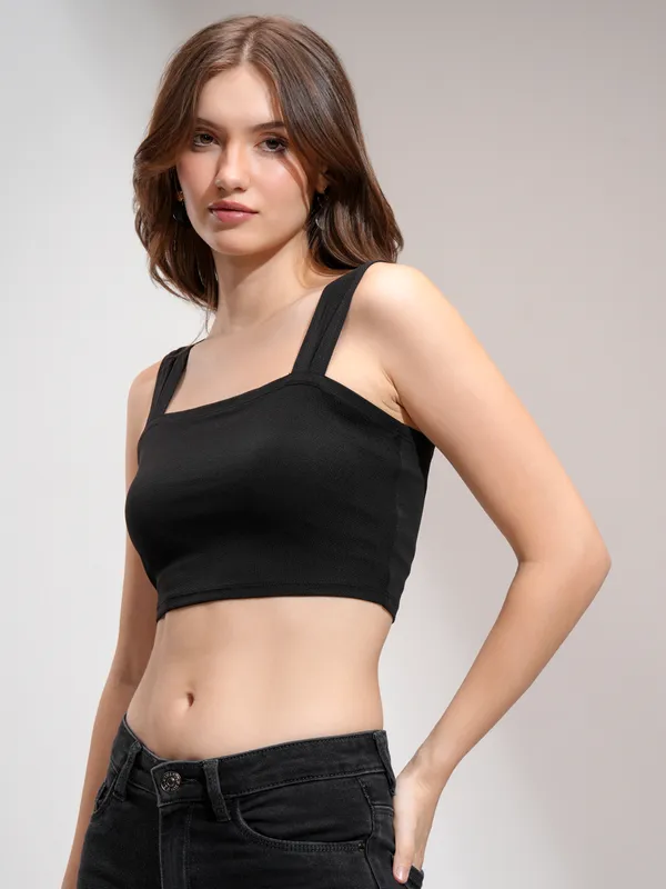 Tokyo Talkies Women Black Solid Fitted Top