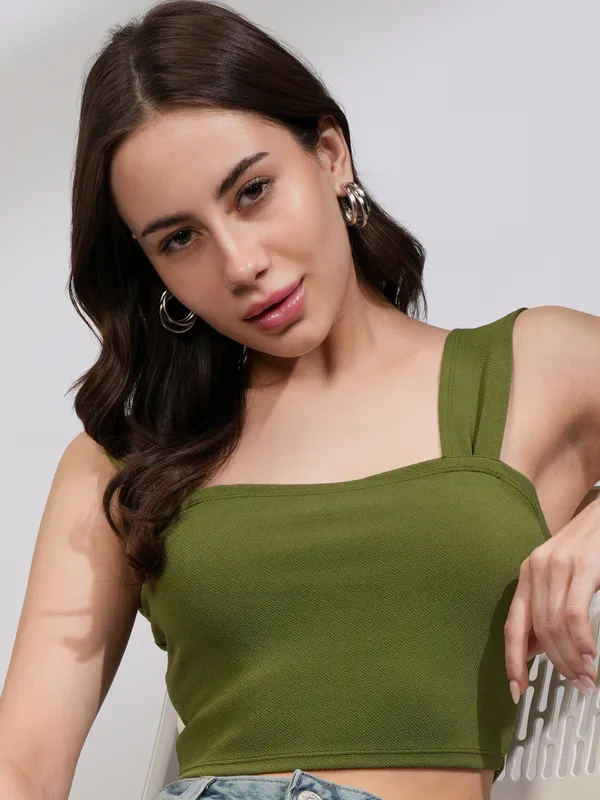 Tokyo Talkies Women Olive Solid Fitted Top