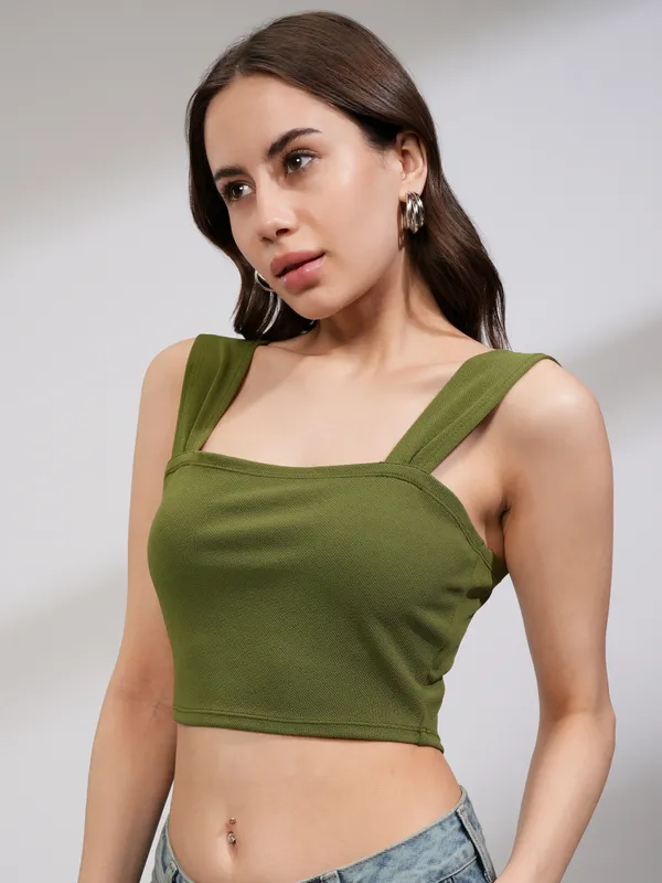 Tokyo Talkies Women Olive Solid Fitted Top
