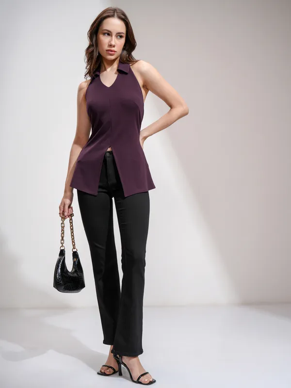 Tokyo Talkies Women Burgundy Solid Fitted Top