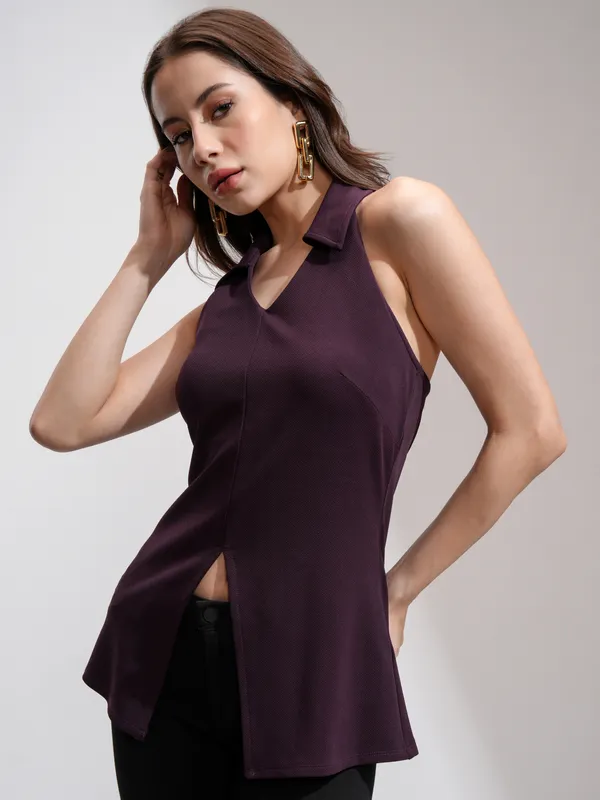 Tokyo Talkies Women Burgundy Solid Fitted Top