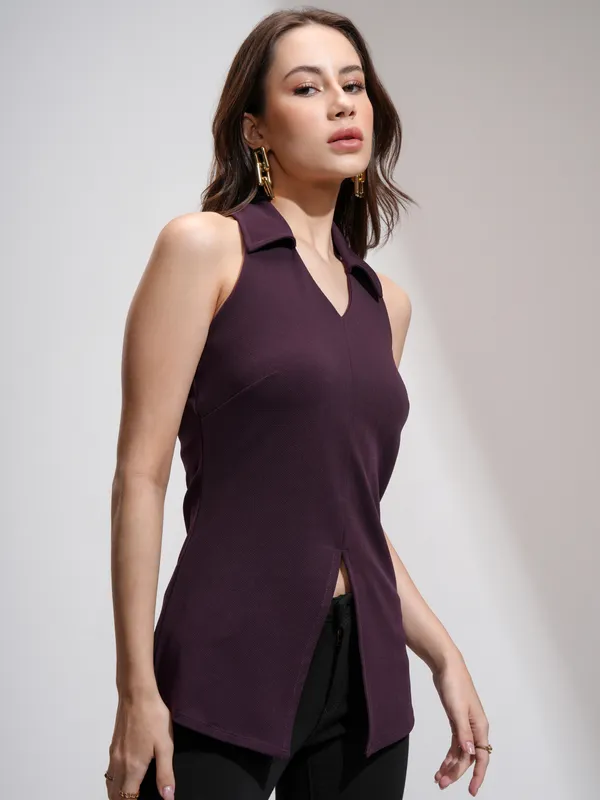 Tokyo Talkies Women Burgundy Solid Fitted Top