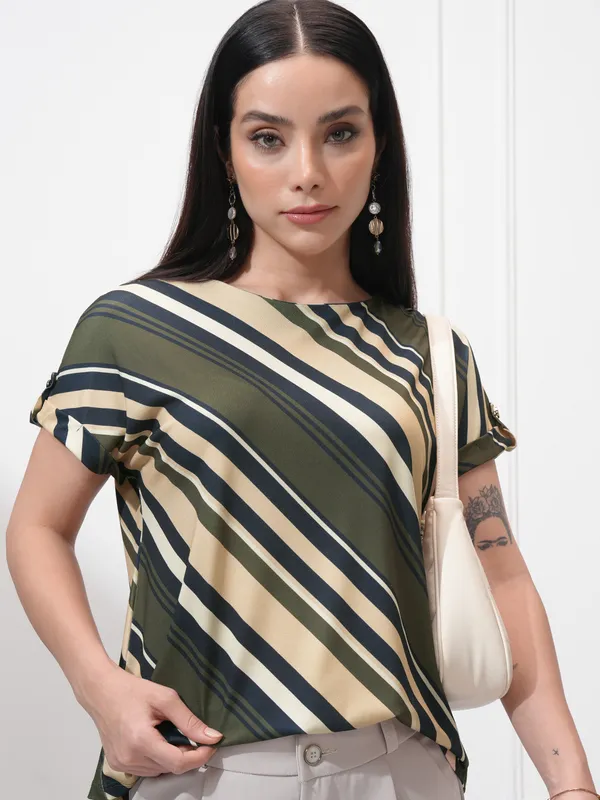Tokyo Talkies Women Olive Striped Regular Top