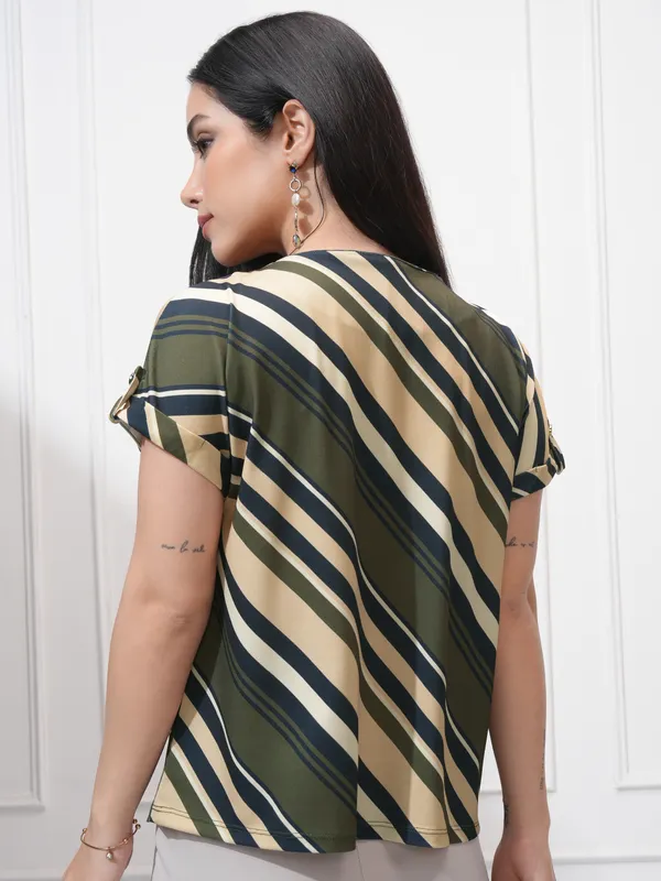 Tokyo Talkies Women Olive Striped Regular Top