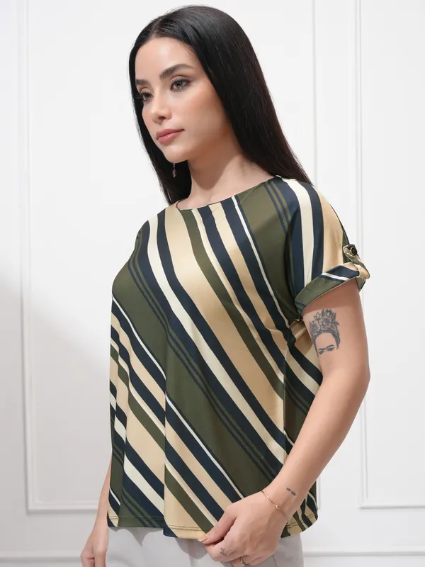 Tokyo Talkies Women Olive Striped Regular Top
