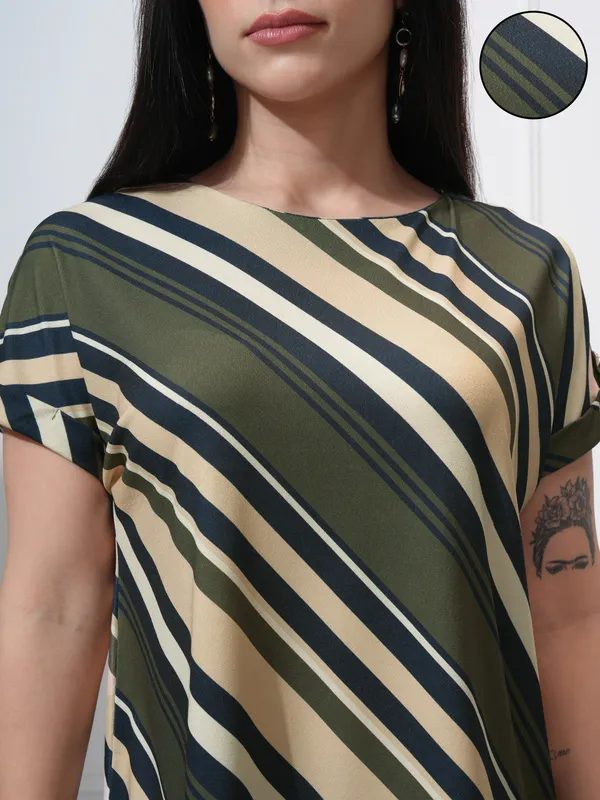 Tokyo Talkies Women Olive Striped Regular Top