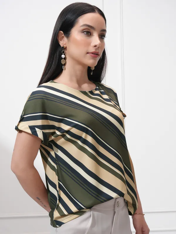 Tokyo Talkies Women Olive Striped Regular Top