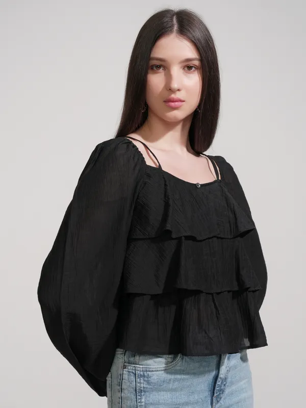 Tokyo Talkies Women Black Solid Regular Top