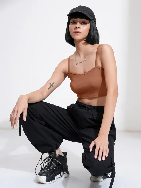 Tokyo Talkies Women Brown Solid Fitted Top