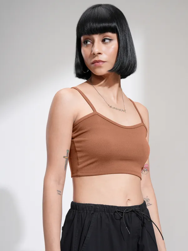 Tokyo Talkies Women Brown Solid Fitted Top