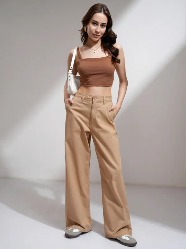 Tokyo Talkies Women Brown Solid Fitted Top