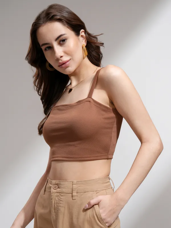 Tokyo Talkies Women Brown Solid Fitted Top