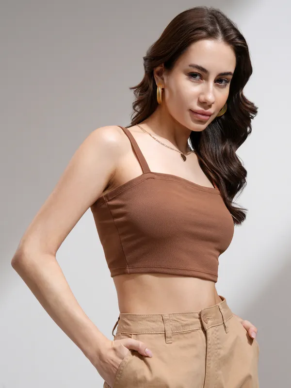 Tokyo Talkies Women Brown Solid Fitted Top