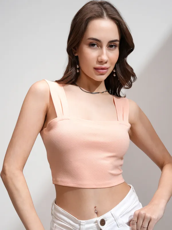 Tokyo Talkies Women Peach Solid Fitted Top