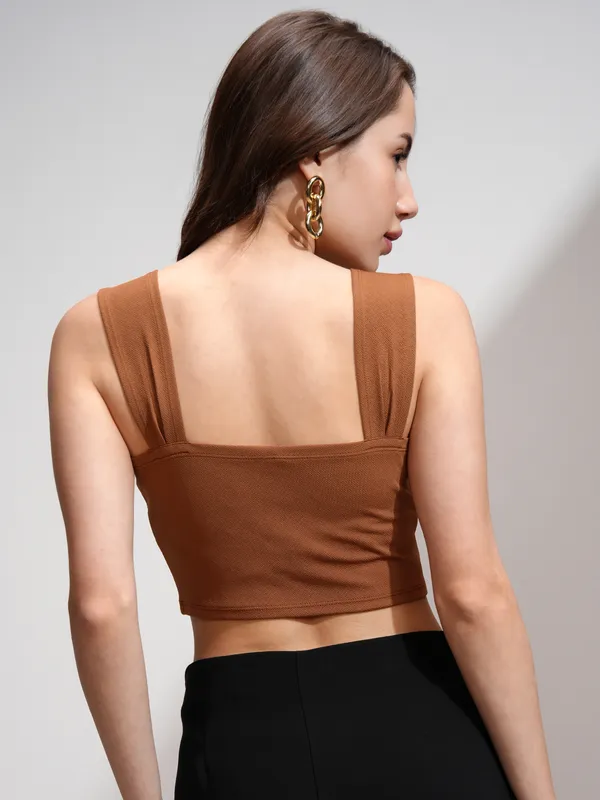 Tokyo Talkies Women Brown Solid Fitted Top