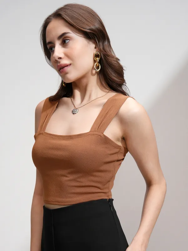 Tokyo Talkies Women Brown Solid Fitted Top