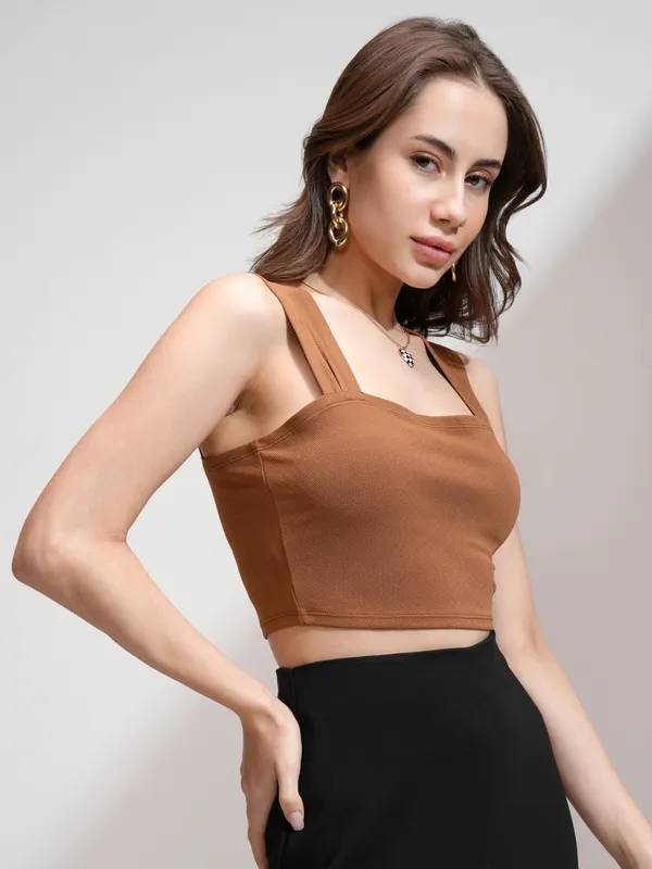 Tokyo Talkies Women Brown Solid Fitted Top