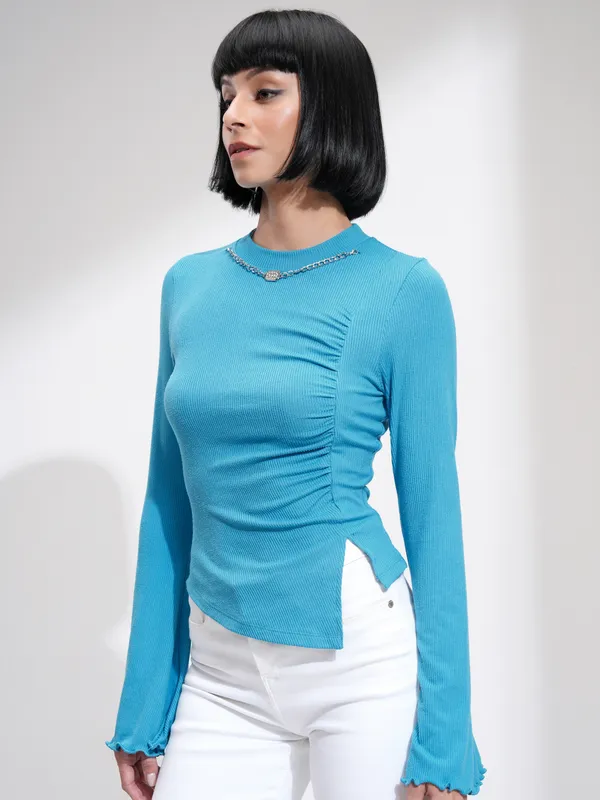 Tokyo Talkies Women Blue Solid Fitted Top