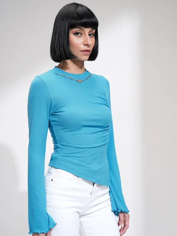 Tokyo Talkies Women Blue Solid Fitted Top