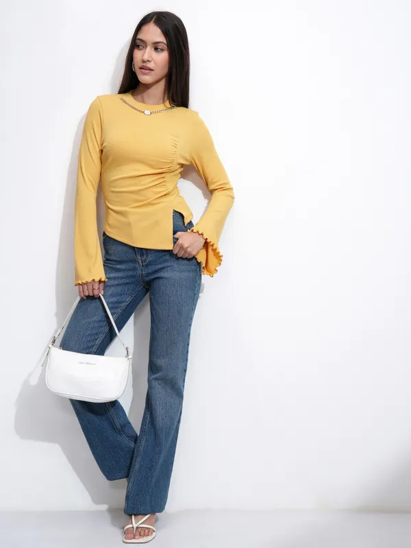 Tokyo Talkies Women Yellow Solid Regular Top