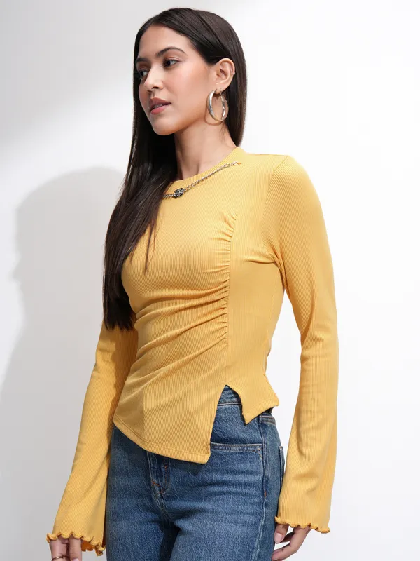 Tokyo Talkies Women Yellow Solid Regular Top
