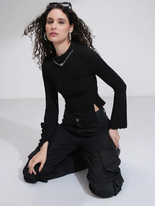 Tokyo Talkies Women Black Solid Fitted Top