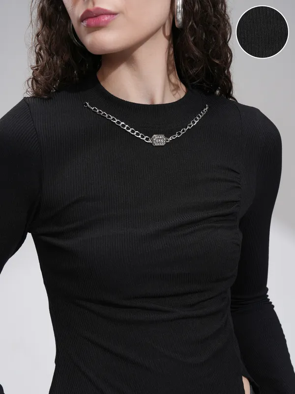 Tokyo Talkies Women Black Solid Fitted Top
