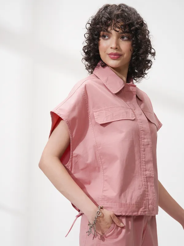 Tokyo Talkies Women Pink Solid Boxy Top