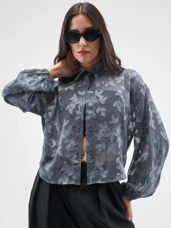ESPYR By Tokyo Talkies Women Grey Embroidered Shirt Style Top