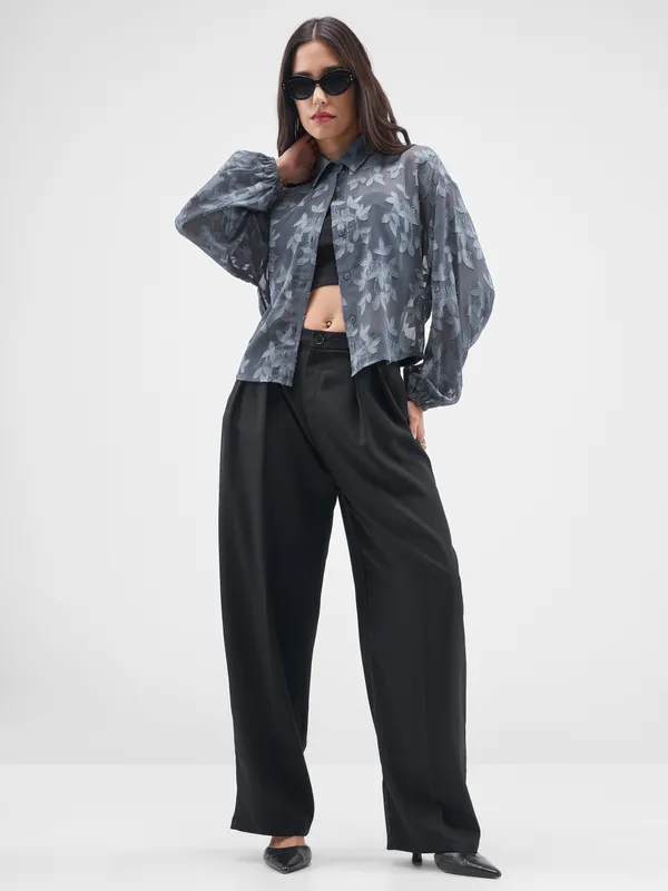 ESPYR By Tokyo Talkies Women Grey Embroidered Shirt Style Top