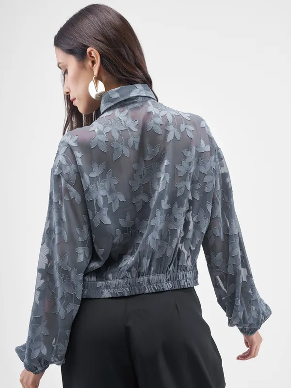 ESPYR By Tokyo Talkies Women Grey Embroidered Shirt Style Top