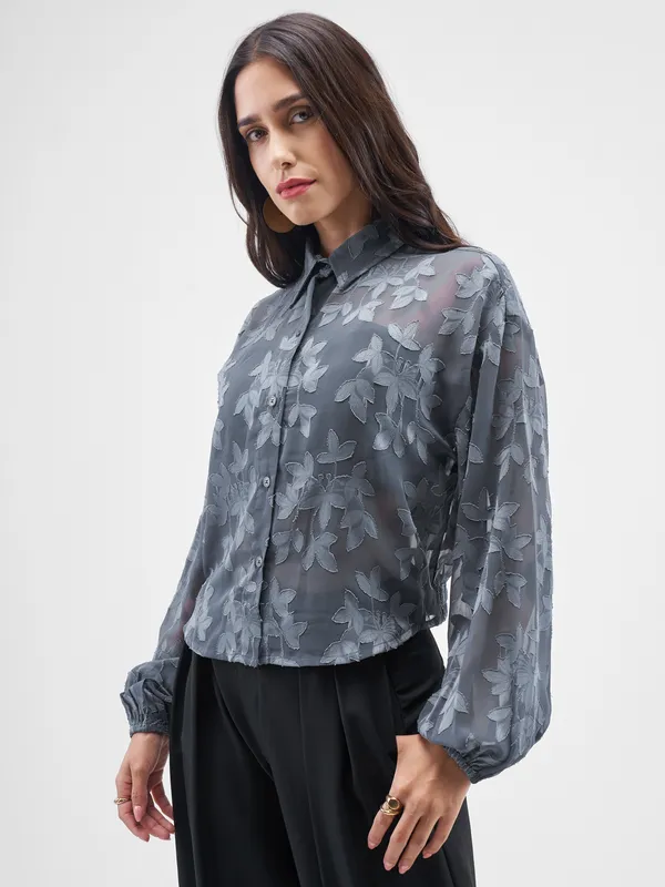 ESPYR By Tokyo Talkies Women Grey Embroidered Shirt Style Top