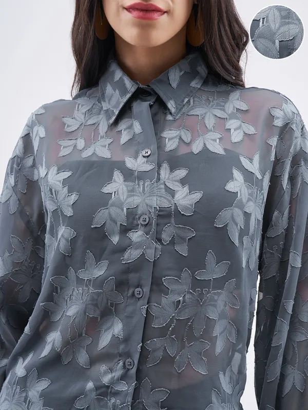 ESPYR By Tokyo Talkies Women Grey Embroidered Shirt Style Top