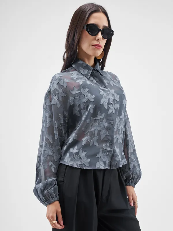 ESPYR By Tokyo Talkies Women Grey Embroidered Shirt Style Top