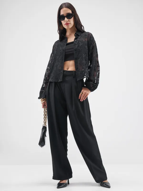 ESPYR By Tokyo Talkies Women Black Embroidered Shirt Style Top