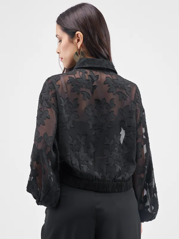 ESPYR By Tokyo Talkies Women Black Embroidered Shirt Style Top