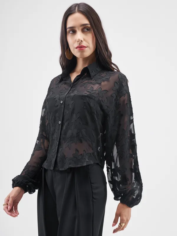 ESPYR By Tokyo Talkies Women Black Embroidered Shirt Style Top