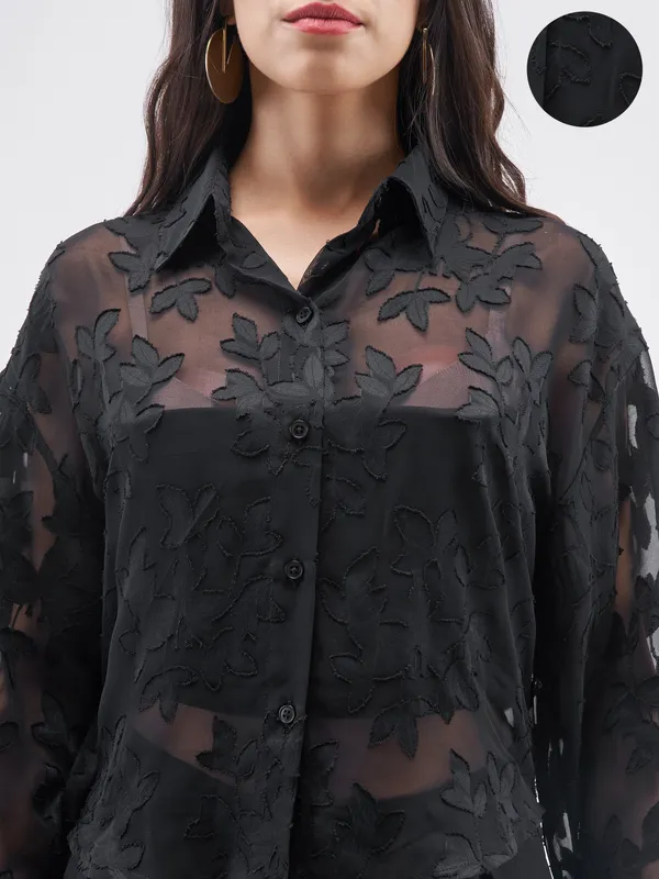 ESPYR By Tokyo Talkies Women Black Embroidered Shirt Style Top