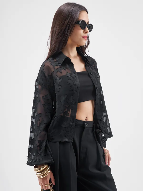 ESPYR By Tokyo Talkies Women Black Embroidered Shirt Style Top