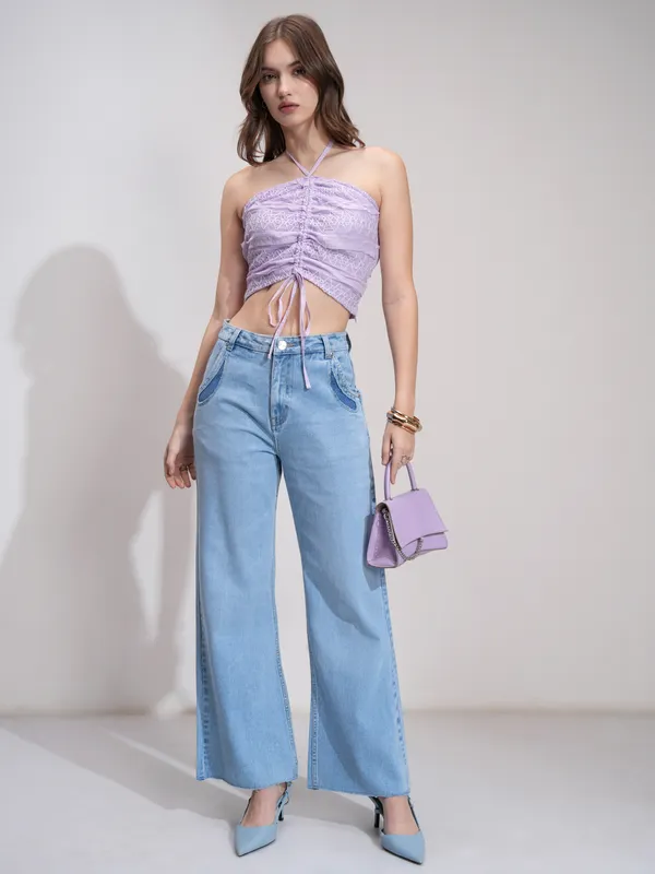 Tokyo Talkies Women Lavender Self Design Regular Top