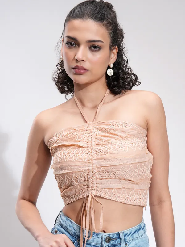 Tokyo Talkies Women Peach Self Design Tank Top