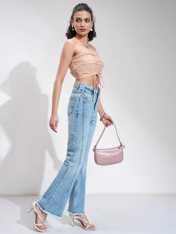 Tokyo Talkies Women Peach Self Design Tank Top