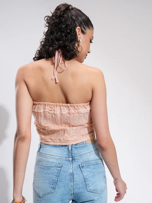 Tokyo Talkies Women Peach Self Design Tank Top