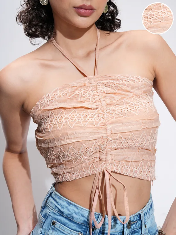 Tokyo Talkies Women Peach Self Design Tank Top