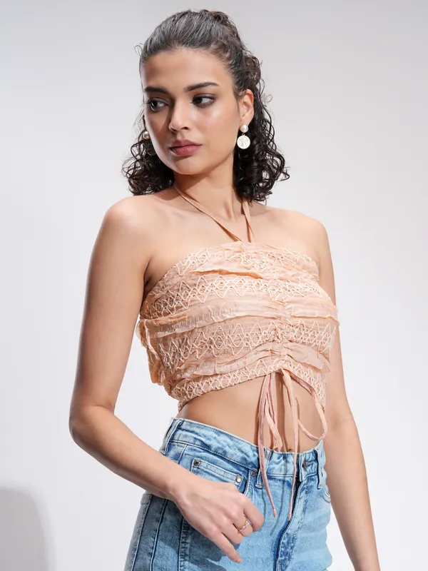 Tokyo Talkies Women Peach Self Design Tank Top