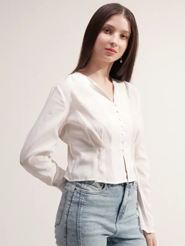 Tokyo Talkies Women Cream Solid Regular Top