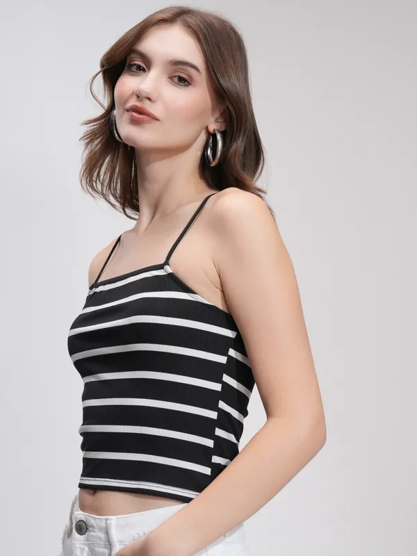 Tokyo Talkies Women Black Striped Regular Top