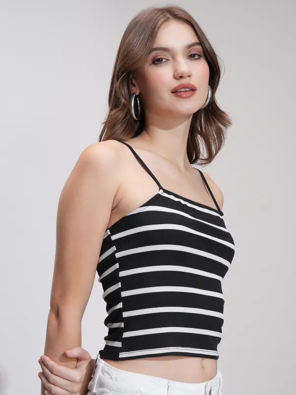 Tokyo Talkies Women Black Striped Regular Top
